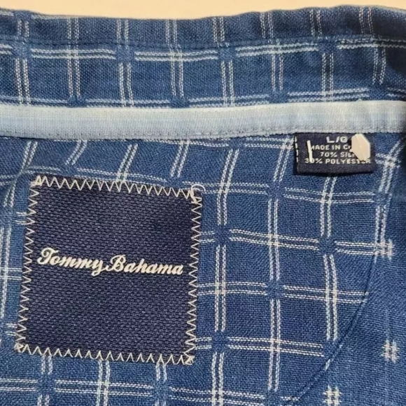 TOMMY BAHAMA SHIRT MENS L/G HAWAIIAN BUTTON BLUE CHECK SILK BLEND CAMP C… - Picture 10 of 10